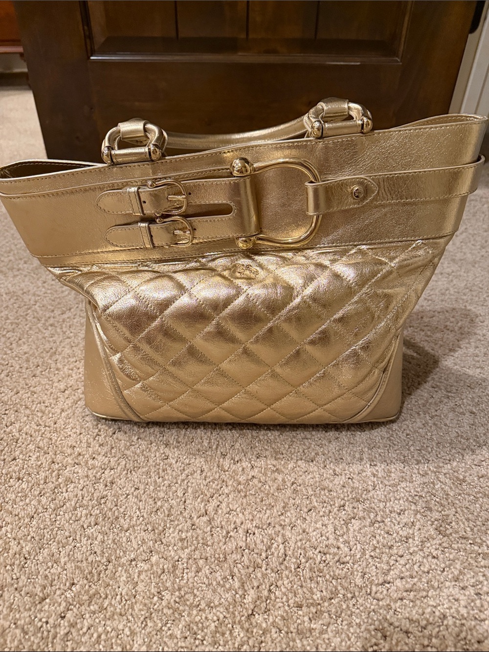 Burberry Quilted Metallic Gold Tote with Buckle Detail